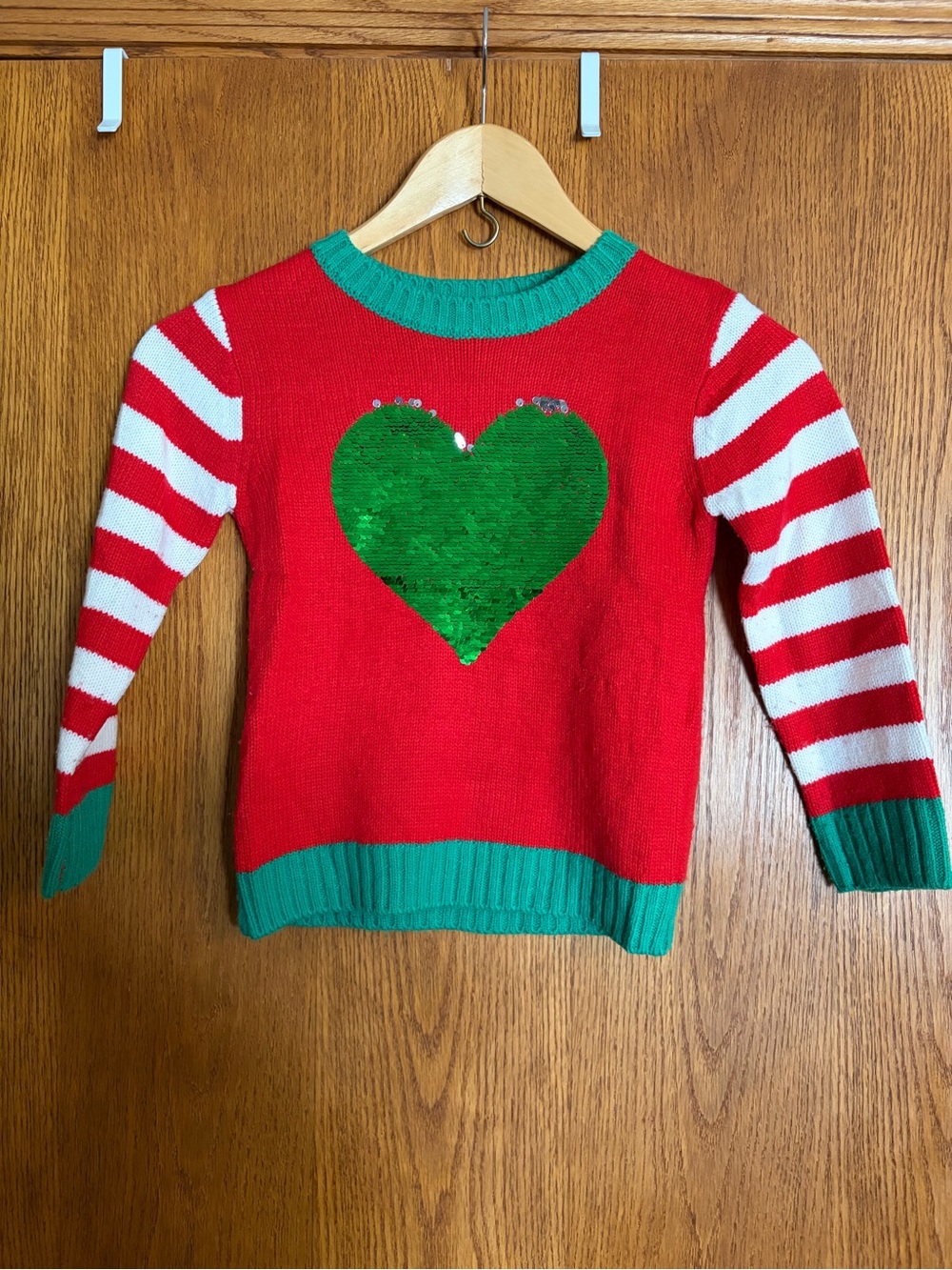 Holiday Time Red Sweater with Green Sequin Heart and Green Trim